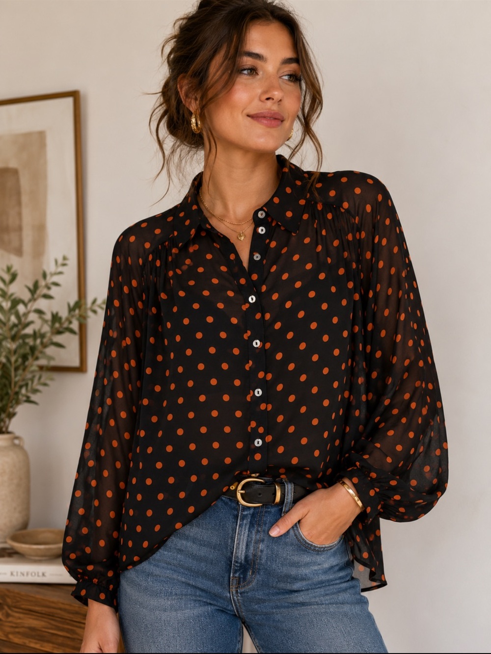 Free People Black Blouse with Orange Polka Dots